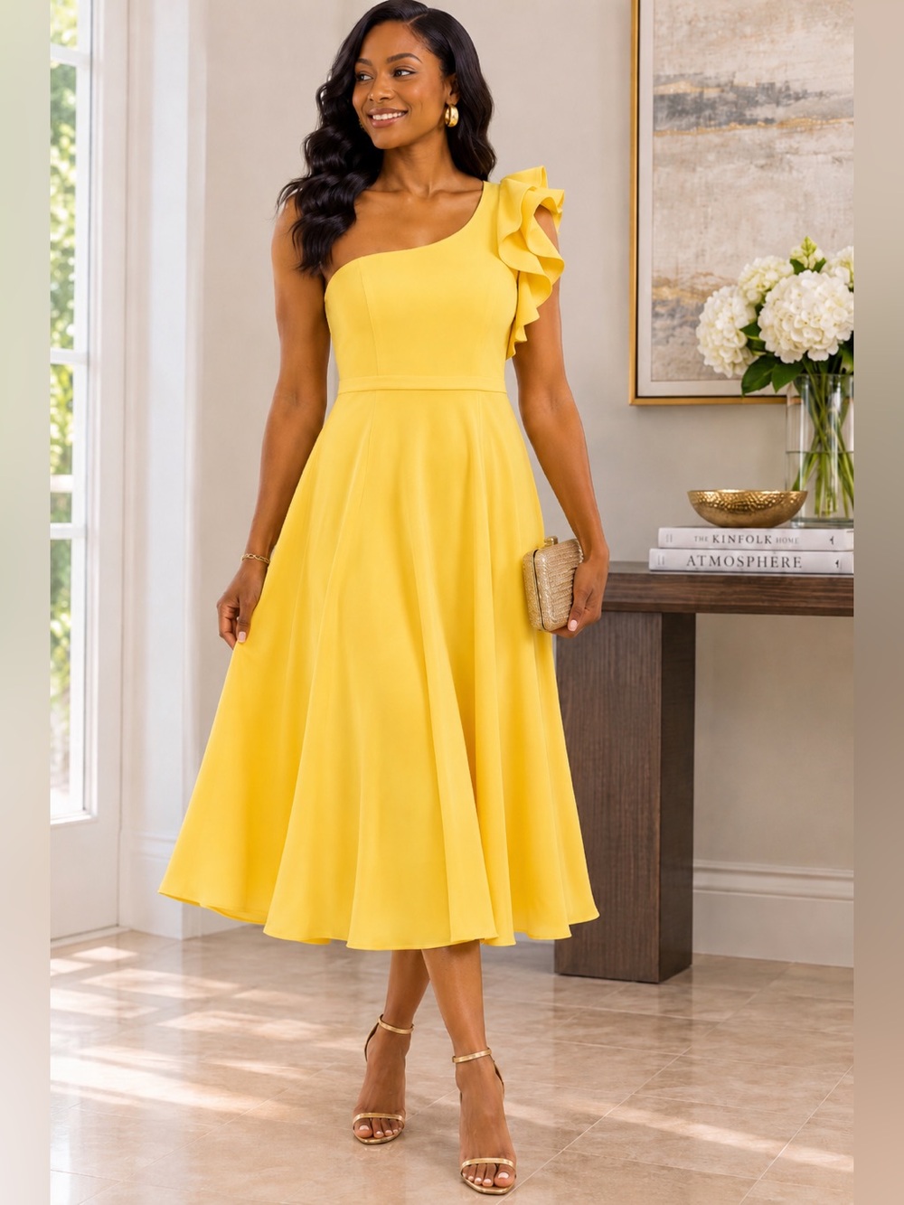 Eliza J Yellow One Shoulder Ruffle Midi Dress NWT Size 8